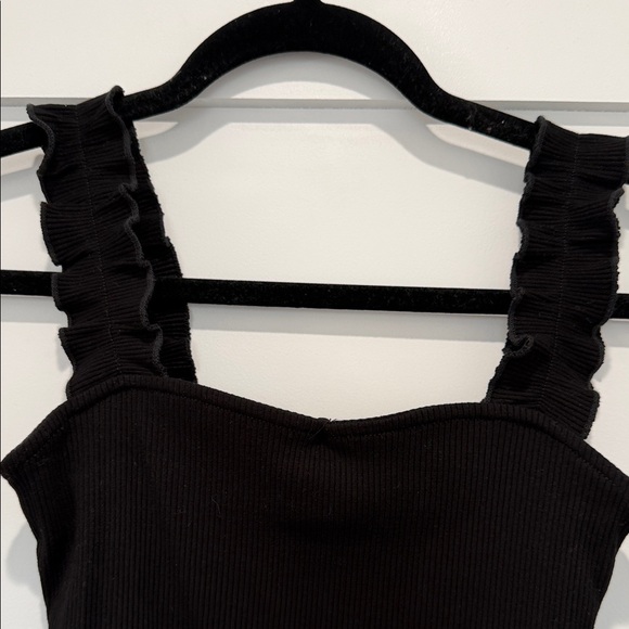 Black Ribbed Bodysuit Ruffled Straps - Picture 2 of 4
